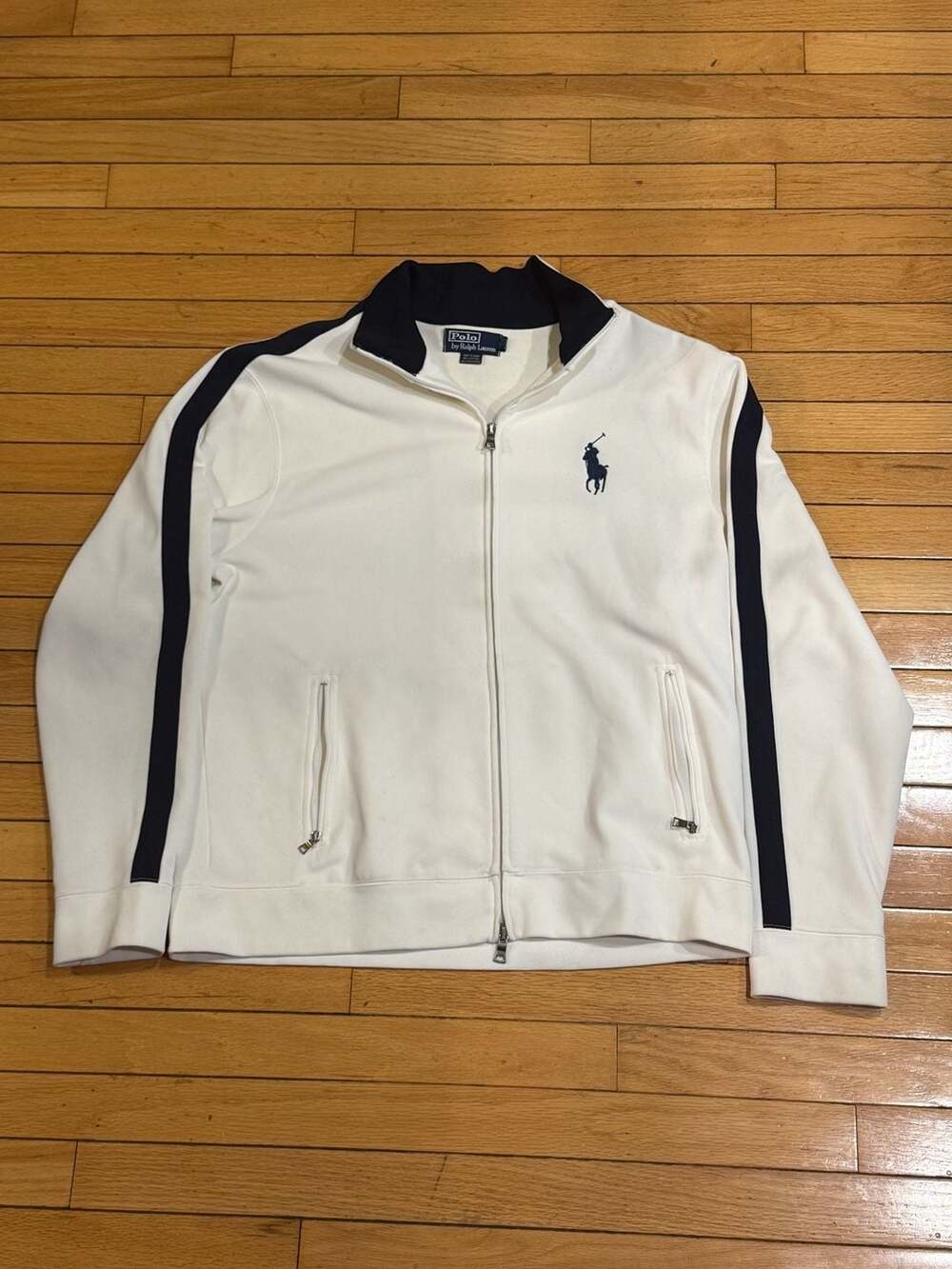Polo Ralph Lauren White Full-Zip Track Jacket with Navy Stripes